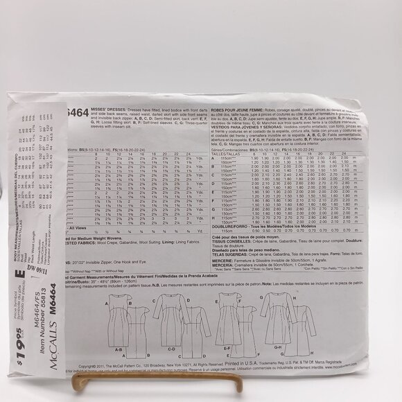 UNCUT Sewing PATTERN McCalls M6464, Palmer Pletsch Fit Experts Misses 2011 Dress - Picture 2 of 2